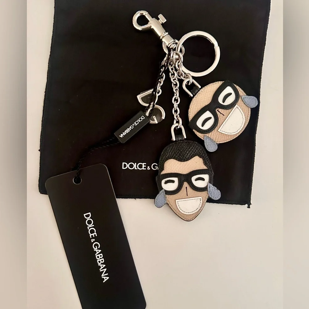 NWT Dolce & Gabbana Keychain Set with Leather Designer Cartoon Faces